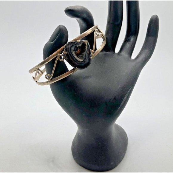 Large 925 Silver Boho Southwestern Agate Stone Cuff Bracelet Modernist Vintage - Picture 1 of 9